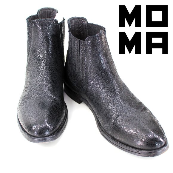 Moma Black Leather Chelsea Boots Round Toe Handmade Goodyear Welt - Picture 1 of 15